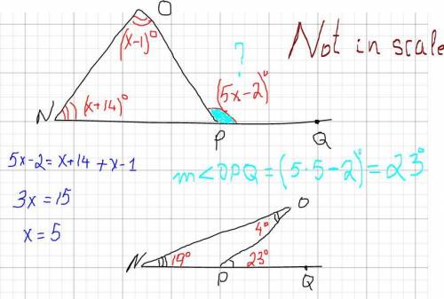 In ANOP, NP is extended through point P to point Q, mZPNO = (x + 14),

mZOPQ = (5x – 2)°, and mZNOP