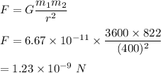 F=G\dfrac{m_1m_2}{r^2}\\\\F=6.67\times 10^{-11}\times \dfrac{3600\times 822}{(400)^2}\\\\=1.23\times 10^{-9}\ N