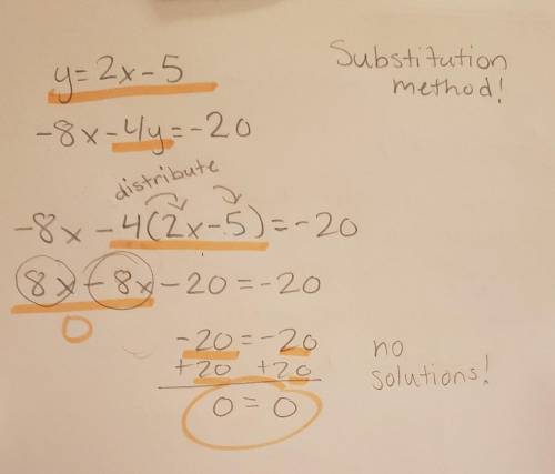 How many solutions does this linear system have?

y=2x-5
-8x-4y=-20
one solution: (- 2.5, 0)
one sol