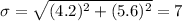 \sigma= \sqrt{(4.2)^2+(5.6)^2} = 7