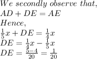 We\ secondly\ observe\ that,\\AD+DE=AE\\Hence,\\\frac{1}{5}x+DE=\frac{1}{4}x\\DE=\frac{1}{4}x-\frac{1}{5}x\\DE=\frac{5-4}{20}=\frac{1}{20}