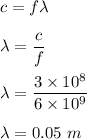c=f\lambda\\\\\lambda=\dfrac{c}{f}\\\\\lambda=\dfrac{3\times 10^8}{6\times 10^9}\\\\\lambda=0.05\ m