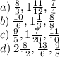 a) \:  \frac{8}{3} ,1 \frac{11}{12} , \frac{7}{4}  \\ b) \:  \frac{10}{6} ,1 \frac{1}{3} , \frac{8}{8}  \\ c) \:  \frac{9}{5} ,  1\frac{7}{20}, \frac{11}{10}  \\ d) \:  2\frac{8}{12} , \frac{13}{6} , \frac{9}{8}
