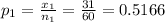 p_{1} = \frac{x_{1} }{n_{1} } = \frac{31}{60} = 0.5166