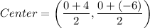 Center=\left(\dfrac{0+4}{2},\dfrac{0+(-6)}{2}\right)