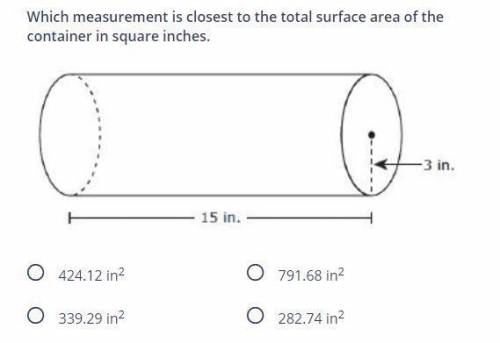 15 inches3 inches Which measurement is closest to the total surface area of the container in square