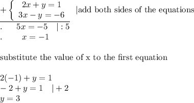  \underline{+\left\{\begin{array}{ccc}2x+y=1\\3x-y=-6\end{array}\right}\ \ |\text{add both sides of the equations}\\.\ \ \ \ \ 5x=-5\ \ \ |:5\\.\ \ \ \ \ \ \ x=-1\\\\\text{substitute the value of x to the first equation}\\\\2(-1)+y=1\\-2+y=1\ \ \ |+2\\y=3 