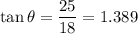 \displaystyle \tan\theta=\frac{25}{18}=1.389