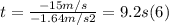 t =\frac{-15m/s}{-1.64m/s2} = 9.2 s (6)