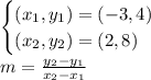 \begin{cases} (x_1,y_1)=(-3,4) \\ (x_2,y_2)=(2,8) \end{cases} \\ m =  \frac{y_2 - y_1}{x_2 - x_1}