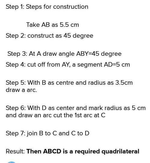 Quadrilateral ABCD with AB = 5.5cm, BC = 3.5cm, CD = 4cm, AD = 5cm, and <A = 45°.