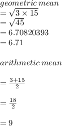 geometric \: mean  \\ =  \sqrt{3 \times 15}  \\  =  \sqrt{45}  \\  = 6.70820393 \\  = 6.71 \\  \\ arithmetic \: mean \\  \\  =  \frac{3 + 15}{2}  \\ \\   =  \frac{18}{2}  \\   \\ = 9