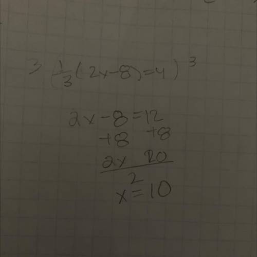 Solve for x: 1 over 3 (2x − 8) = 4. (10 points) 
2 
6 
10
10 over 3