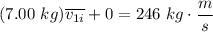 \displaystyle (7.00 \ kg) \overline{v_{1i}} + 0 = 246 \ kg \cdot \frac{m}{s}