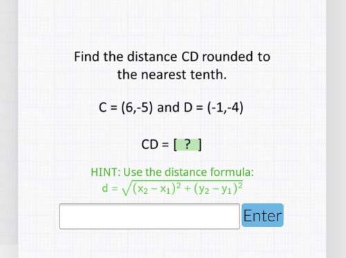 Find the distance cd rounded to the nearest tenth.  c = (6,-5) and d = (-1,-4)  cd=