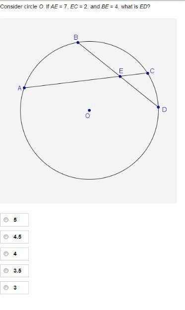 Consider circle o. if ae = 7, ec = 2, and be = 4, what is ed?