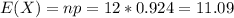 E(X) = np = 12*0.924 = 11.09