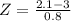 Z = \frac{2.1 - 3}{0.8}
