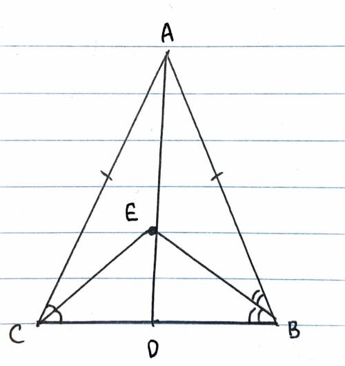 Prove that the line joining the point of intersection of two angular bisectors of the base angles of