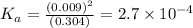 K_a=\frac{(0.009)^2}{(0.304)}=2.7\times 10^{-4}