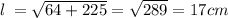 l \:  =  \sqrt{64 + 225}  =  \sqrt{289}  = 17cm