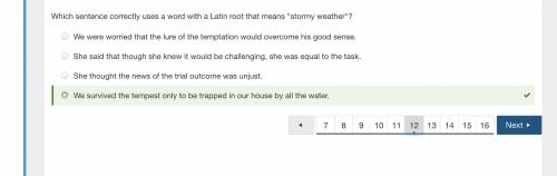 Which sentence correctly uses a word with a Latin root that means stormy weather?

A. We survived