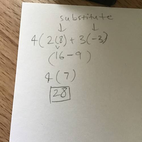 Work out the value of 4(2x+3y) when x=8 and y=-3