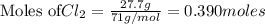 \text{Moles of} Cl_2=\frac{27.7g}{71g/mol}=0.390moles