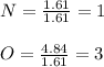 N=\frac{1.61}{1.61} =1\\\\O=\frac{4.84}{1.61} =3