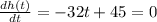 \frac{dh(t)}{dt}=-32t + 45=0