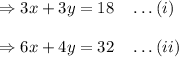 \Rightarrow 3x+3y=18\quad \ldots(i)\\\\\Rightarrow 6x+4y=32\quad \ldots(ii)