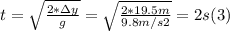 t = \sqrt{\frac{2* \Delta y}{g} } = \sqrt{\frac{2*19.5m}{9.8m/s2} }  = 2 s  (3)