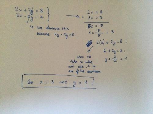 2x+2y =8 3x-2y=7 solve using elimination​