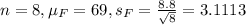 n = 8, \mu_F = 69, s_F = \frac{8.8}{\sqrt{8}} = 3.1113