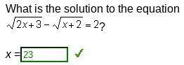 What is the solution to the equation sqrt 2x+3- sqrt x+2=2