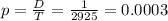 p = \frac{D}{T} = \frac{1}{2925} = 0.0003