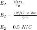 E_2 = \frac{E_1r_1}{r_2} \\\\E_2 = \frac{1 N/C\ \times \ 3m}{6m} \\\\E_2 = 0.5 \ N/C