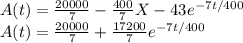 A(t) = \frac{20000}{7}  - \frac{400}{7} X -43e^{-7t/400}     \\A(t) = \frac{20000}{7}  + \frac{17200}{7}e^{-7t/400}