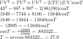 UV^{2}  =  TU^{2}  +  UV^{2}  - 2(TU)(UV)cos T\\43^{2}  =  88^{2}  +  90^{2}  - 2(88)(90) cos T\\1849  =  7744  +  8100  -  15840 cos T\\1849 = 15844 - 15840 cos T\\-13995  =  - 15840 cos T\\cos T =  \frac{-13995}{-15840}  = .883522...\\T =  arccos .883522... = 27.9