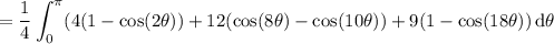 =\displaystyle\frac14\int_0^\pi(4(1-\cos(2\theta))+12(\cos(8\theta)-\cos(10\theta))+9(1-\cos(18\theta))\,\mathrm d\theta