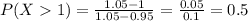 P(X  1) = \frac{1.05 - 1}{1.05 - 0.95} = \frac{0.05}{0.1} = 0.5