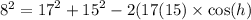 {8}^{2}  =  {17}^{2}  +  {15}^{2}  - 2(17(15) \times  \cos(h)