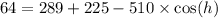 64 = 289  + 225 - 510 \times  \cos(h)