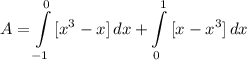 \displaystyle A = \int\limits^0_{-1} {[x^3 - x]} \, dx + \int\limits^1_0 {[x - x^3]} \, dx
