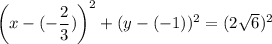 \left(x-(-\dfrac{2}{3})\right)^2+(y-(-1))^2=(2\sqrt{6})^2