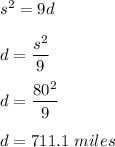 s^2=9d\\\\d=\dfrac{s^2}{9}\\\\d=\dfrac{80^2}{9}\\\\d=711.1\ miles
