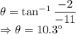 \theta=\tan^{-1}\dfrac{-2}{-11}\\\Rightarrow \theta=10.3^{\circ}