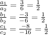 \frac{a_1}{a_2}=\frac{3}{6}=\frac{1}{2}\\  \frac{b_1}{b_2}=\frac{-3}{-6}=\frac{1}{2}\\  \frac{c_1}{c_2}=\frac{-8}{-16}=\frac{1}{2}