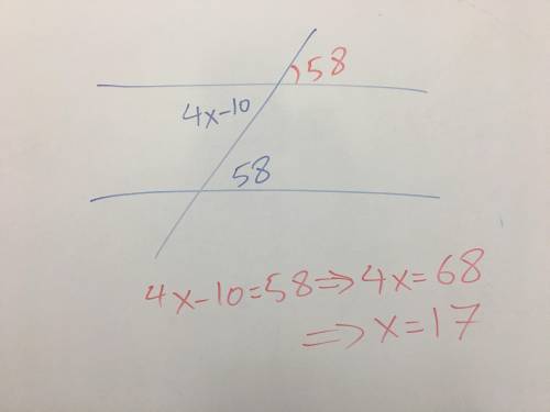 The value of x is
<
(4x-10)
58°