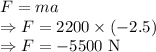 F=ma\\\Rightarrow F=2200\times (-2.5)\\\Rightarrow F=-5500\ \text{N}